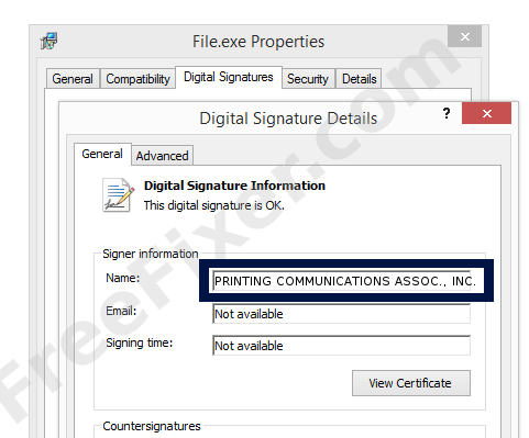Screenshot of the PRINTING COMMUNICATIONS ASSOC., INC. certificate